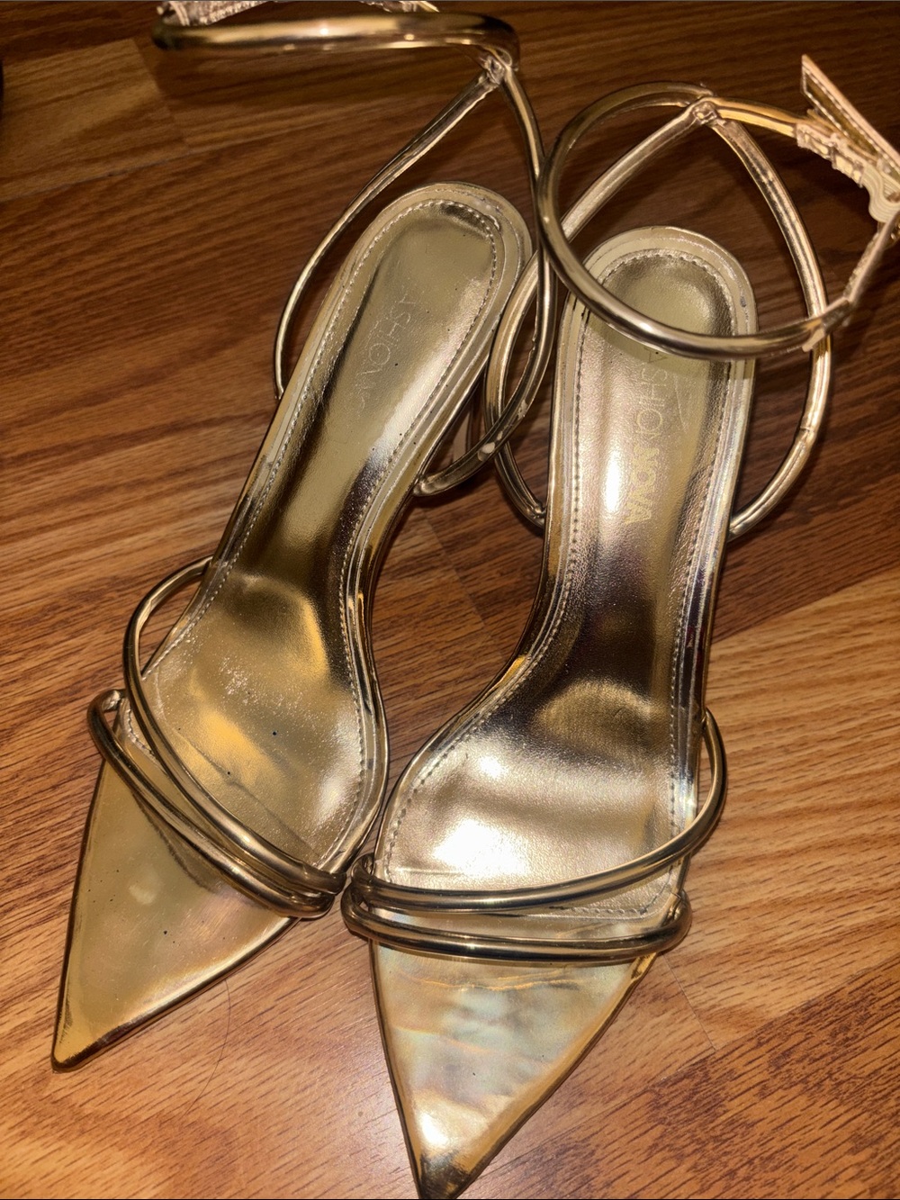 Fashion Nova Metallic Gold Pointed Ankle-Strap Heels